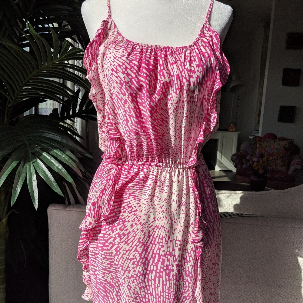 NWT Parker White and Pink Racerback Ruffled Dress